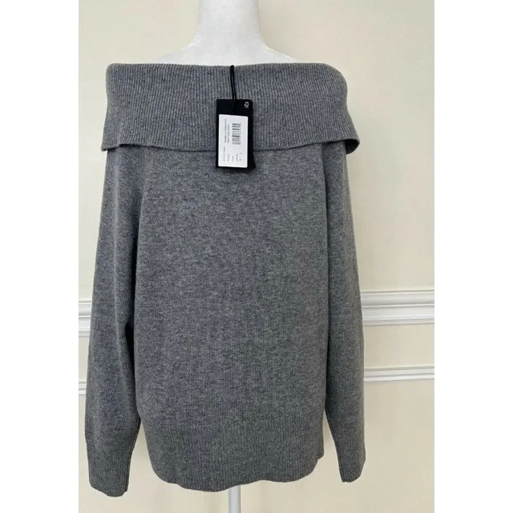 Paige Izabella wool Y2K Off-The-Shoulder Sweater Heather Grey L A001840